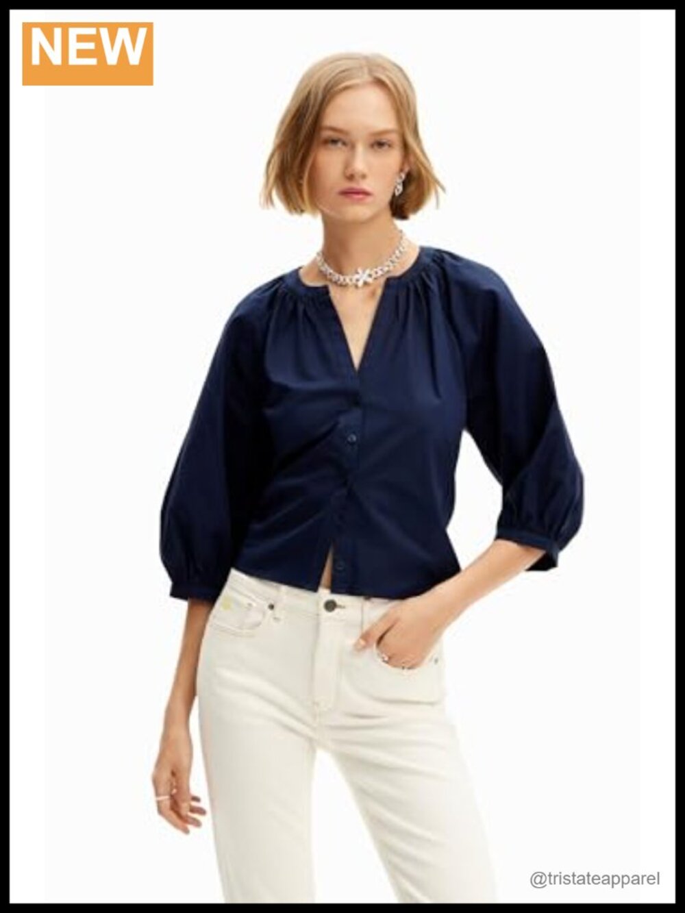 Women's Long Sleeve V-Neck Cotton Poplin Button-Down Blouse